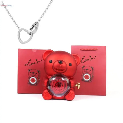 Gift for Women Eternal Rose Teddy Bear Gift Box with Necklace – Rotating Rose Jewelry Box, Valentine’s & Wedding Storage Case for Women & Girlfriends trendmeg