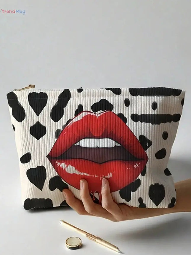 cosmetic bag for travel Lip Pattern Printed Corduroy Makeup Bag – Lightweight, Multifunctional Cosmetic Storage with Zipper trendmeg