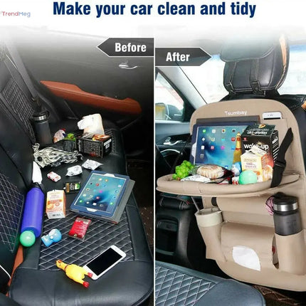 Car Seat Back Organizer with Foldable Table Tray PU Leather Storage Organizer with Pockets Kick Mats Seat Interior Accessories trendmeg