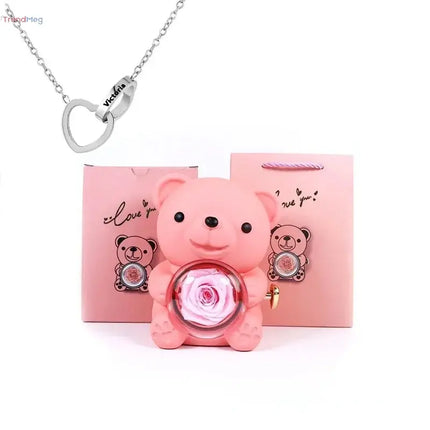 Gift for Women Eternal Rose Teddy Bear Gift Box with Necklace – Rotating Rose Jewelry Box, Valentine’s & Wedding Storage Case for Women & Girlfriends trendmeg