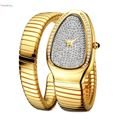 Classic Snake-Shaped Women's Watch – Gold & Silver Scalable Bracelet with Bling Diamonds and Quartz Movement trendmeg