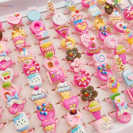 Kids Gifts Wholesale Lot of 30/100pcs Cute Kids' Adjustable Finger Rings – Pink Candy, Ice Cream, Donut, and Cake Designs for Girls' Party Favors and Gifts trendmeg