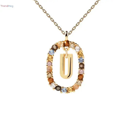 couples gift 925 Sterling Silver A-Z Letter Necklace – Gold-Plated Pendant with Colorful Zircon, Elegant Long Chain Jewelry trendmeg