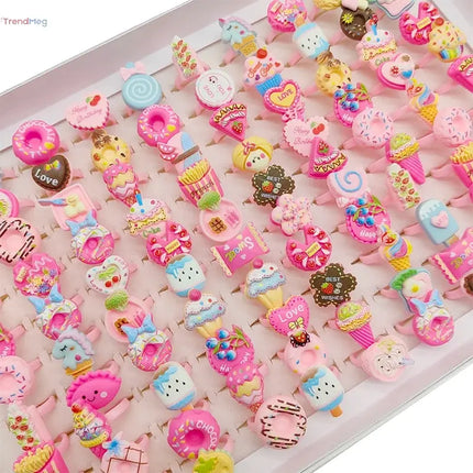 Kids Gifts Wholesale Lot of 30/100pcs Cute Kids' Adjustable Finger Rings – Pink Candy, Ice Cream, Donut, and Cake Designs for Girls' Party Favors and Gifts trendmeg