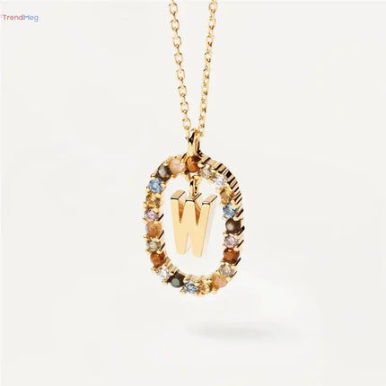 couples gift 925 Sterling Silver A-Z Letter Necklace – Gold-Plated Pendant with Colorful Zircon, Elegant Long Chain Jewelry trendmeg