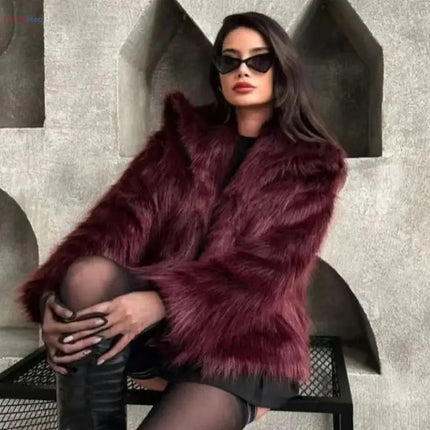 Women's coat Plush Fur Coat – Burgundy Bomber Jacket, Solid Crop Long Sleeve, Warm Winter Casual Jacket trendmeg