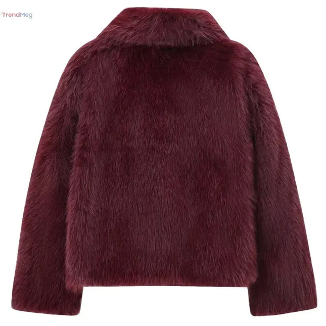 Women's coat Plush Fur Coat – Burgundy Bomber Jacket, Solid Crop Long Sleeve, Warm Winter Casual Jacket trendmeg