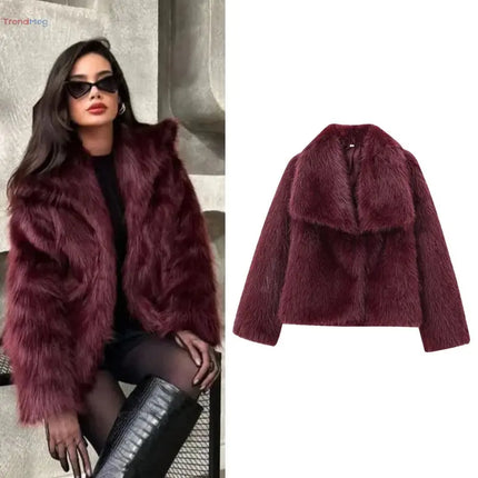 Women's coat Plush Fur Coat – Burgundy Bomber Jacket, Solid Crop Long Sleeve, Warm Winter Casual Jacket trendmeg