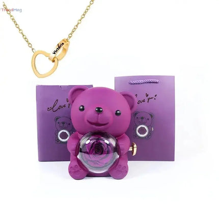 Gift for Women Eternal Rose Teddy Bear Gift Box with Necklace – Rotating Rose Jewelry Box, Valentine’s & Wedding Storage Case for Women & Girlfriends trendmeg