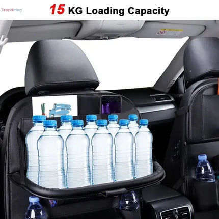 Car Seat Back Organizer with Foldable Table Tray PU Leather Storage Organizer with Pockets Kick Mats Seat Interior Accessories trendmeg