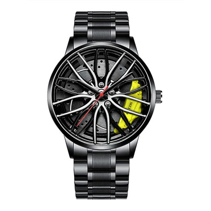 Fashion Men’s Sports Watch – 3D Car Wheel Design, Stainless Steel Band Quartz Wrist Watch