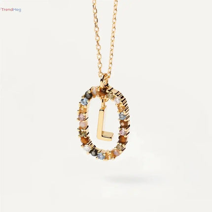 couples gift 925 Sterling Silver A-Z Letter Necklace – Gold-Plated Pendant with Colorful Zircon, Elegant Long Chain Jewelry trendmeg