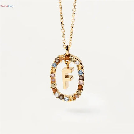 couples gift 925 Sterling Silver A-Z Letter Necklace – Gold-Plated Pendant with Colorful Zircon, Elegant Long Chain Jewelry trendmeg