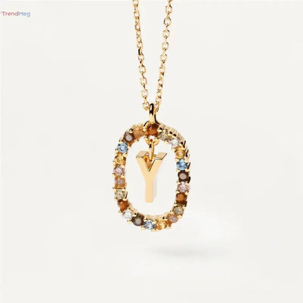 couples gift 925 Sterling Silver A-Z Letter Necklace – Gold-Plated Pendant with Colorful Zircon, Elegant Long Chain Jewelry trendmeg