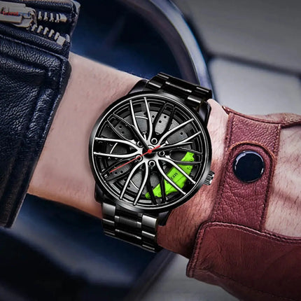 Fashion Men’s Sports Watch – 3D Car Wheel Design, Stainless Steel Band Quartz Wrist Watch trendmeg