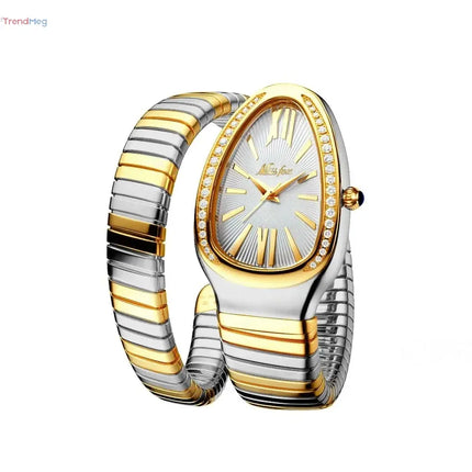 Classic Snake-Shaped Women's Watch – Gold & Silver Scalable Bracelet with Bling Diamonds and Quartz Movement trendmeg