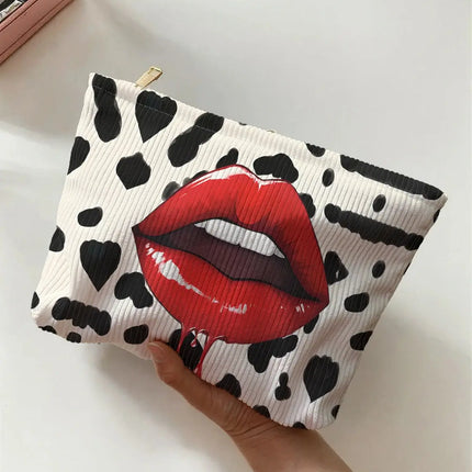 cosmetic bag for travel Lip Pattern Printed Corduroy Makeup Bag – Lightweight, Multifunctional Cosmetic Storage with Zipper trendmeg