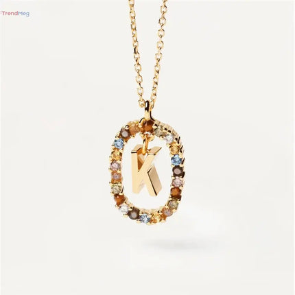 couples gift 925 Sterling Silver A-Z Letter Necklace – Gold-Plated Pendant with Colorful Zircon, Elegant Long Chain Jewelry trendmeg