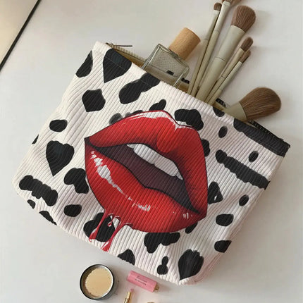 cosmetic bag for travel Lip Pattern Printed Corduroy Makeup Bag – Lightweight, Multifunctional Cosmetic Storage with Zipper trendmeg