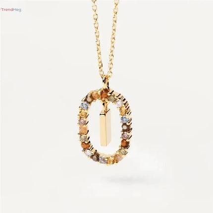 couples gift 925 Sterling Silver A-Z Letter Necklace – Gold-Plated Pendant with Colorful Zircon, Elegant Long Chain Jewelry trendmeg