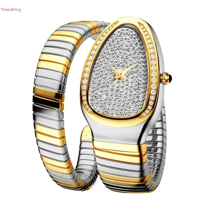 Classic Snake-Shaped Women's Watch – Gold & Silver Scalable Bracelet with Bling Diamonds and Quartz Movement trendmeg