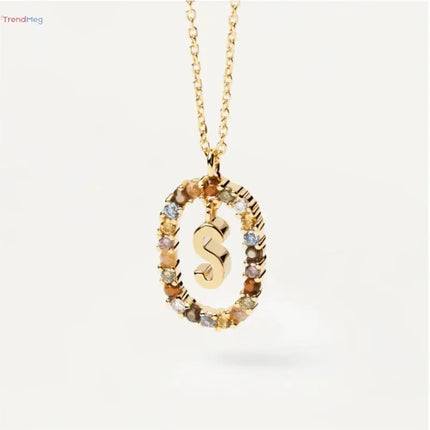 couples gift 925 Sterling Silver A-Z Letter Necklace – Gold-Plated Pendant with Colorful Zircon, Elegant Long Chain Jewelry trendmeg