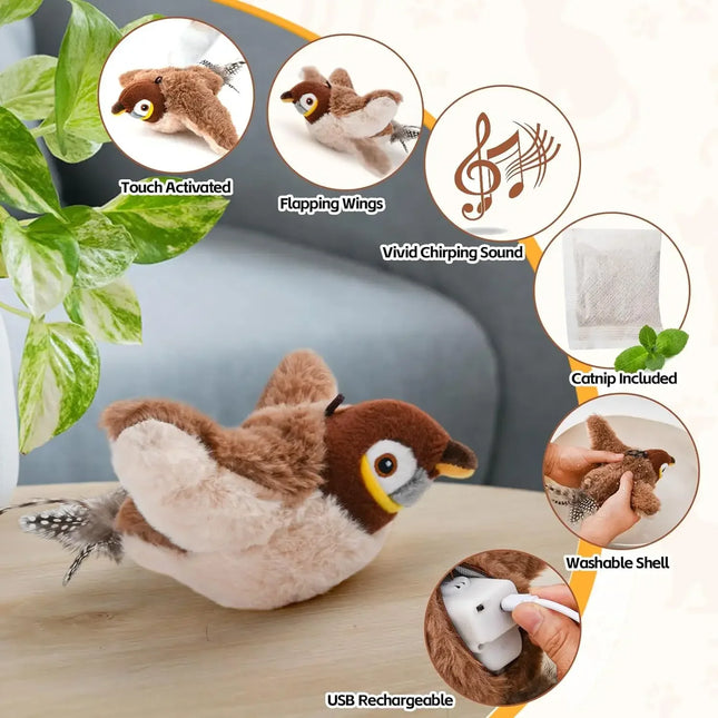 Rechargeable Interactive Cat Toy – Chirping Flapping Bird with Catnip, Touch-Activated Plush for Indoor Cats & Kittens, Perfect for Exercise & Play