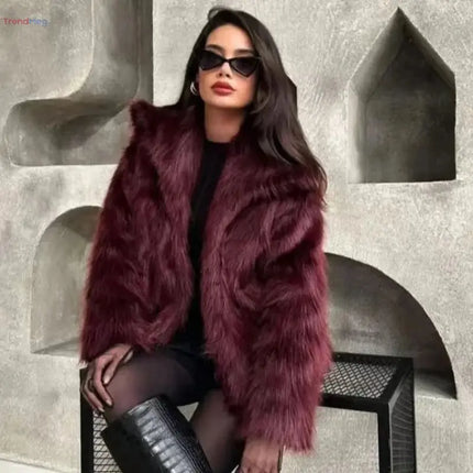 Women's coat Plush Fur Coat – Burgundy Bomber Jacket, Solid Crop Long Sleeve, Warm Winter Casual Jacket trendmeg