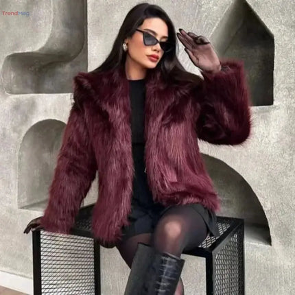 Women's coat Plush Fur Coat – Burgundy Bomber Jacket, Solid Crop Long Sleeve, Warm Winter Casual Jacket trendmeg