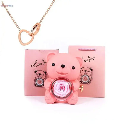 Gift for Women Eternal Rose Teddy Bear Gift Box with Necklace – Rotating Rose Jewelry Box, Valentine’s & Wedding Storage Case for Women & Girlfriends trendmeg