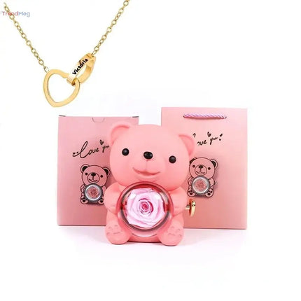 Gift for Women Eternal Rose Teddy Bear Gift Box with Necklace – Rotating Rose Jewelry Box, Valentine’s & Wedding Storage Case for Women & Girlfriends trendmeg