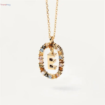 couples gift 925 Sterling Silver A-Z Letter Necklace – Gold-Plated Pendant with Colorful Zircon, Elegant Long Chain Jewelry trendmeg