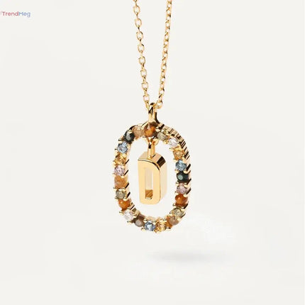 couples gift 925 Sterling Silver A-Z Letter Necklace – Gold-Plated Pendant with Colorful Zircon, Elegant Long Chain Jewelry trendmeg