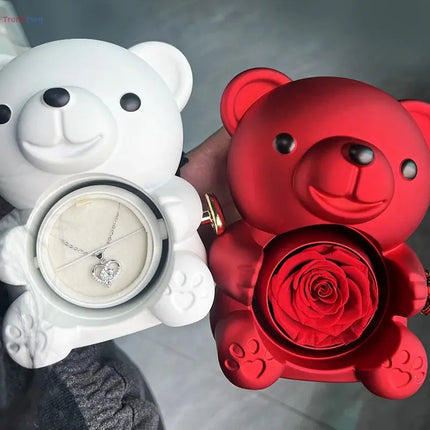 Gift for Women Eternal Rose Teddy Bear Gift Box with Necklace – Rotating Rose Jewelry Box, Valentine’s & Wedding Storage Case for Women & Girlfriends trendmeg