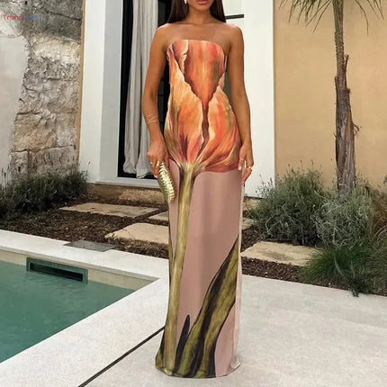 women's dress Summer Sexy Strapless Backless Printed Long Dress – Sleeveless Off-Shoulder Party & Evening Gown trendmeg