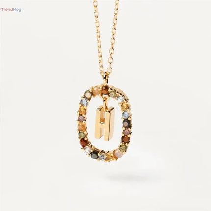 couples gift 925 Sterling Silver A-Z Letter Necklace – Gold-Plated Pendant with Colorful Zircon, Elegant Long Chain Jewelry trendmeg