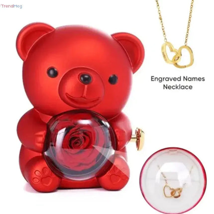 Gift for Women Eternal Rose Teddy Bear Gift Box with Necklace – Rotating Rose Jewelry Box, Valentine’s & Wedding Storage Case for Women & Girlfriends trendmeg