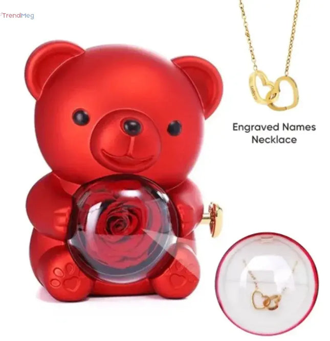 Gift for Women Eternal Rose Teddy Bear Gift Box with Necklace – Rotating Rose Jewelry Box, Valentine’s & Wedding Storage Case for Women & Girlfriends trendmeg