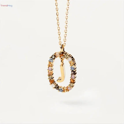 couples gift 925 Sterling Silver A-Z Letter Necklace – Gold-Plated Pendant with Colorful Zircon, Elegant Long Chain Jewelry trendmeg