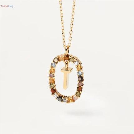 couples gift 925 Sterling Silver A-Z Letter Necklace – Gold-Plated Pendant with Colorful Zircon, Elegant Long Chain Jewelry trendmeg